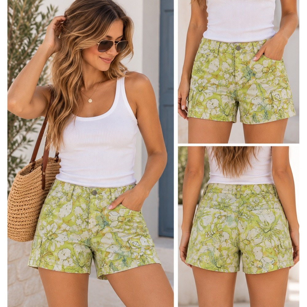 Title Nine Brash Shorts Womens 4 Green Floral Cargo Hiking Gorpcore Tropical